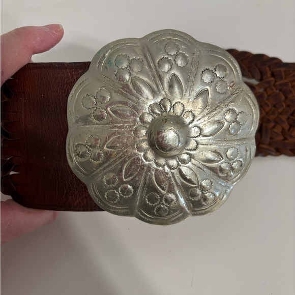 Brown Leather Braided Wide Waist Belt silver tone Concho Medium Boho western - Picture 5 of 9